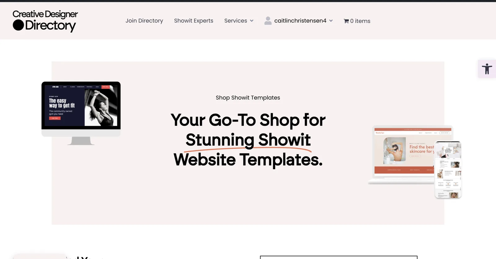 Creative Designer Directory marketplace showcasing Showit website templates on desktop, laptop, and mobile devices