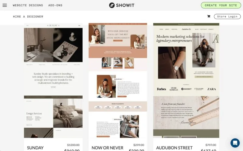 Sleek Showit website templates displayed in an online marketplace, showcasing modern and elegant design options for creative entrepreneurs.