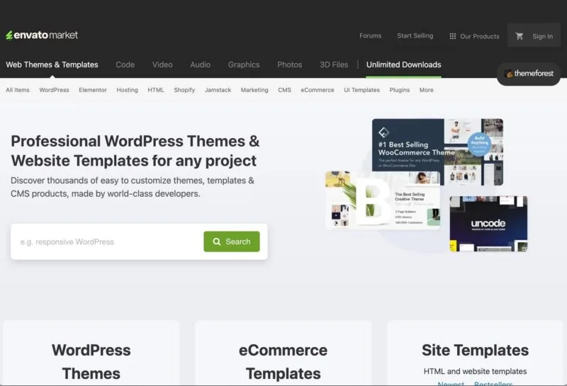Professional marketplace for WordPress themes and website templates, featuring a sleek design and popular template options for various projects.