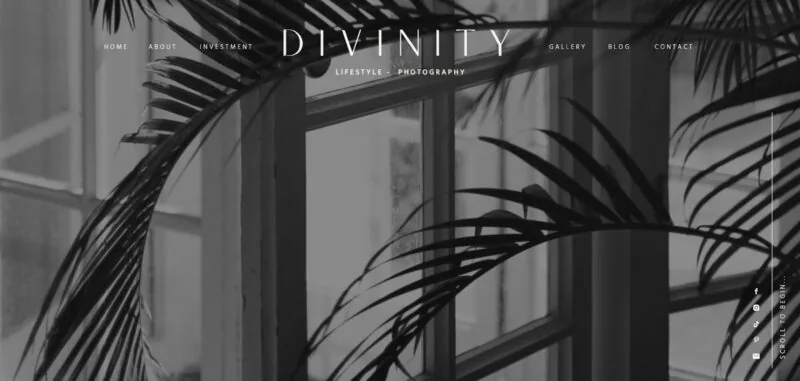 Sophisticated Showit website template with a moody, monochrome aesthetic, perfect for lifestyle and editorial photographers.