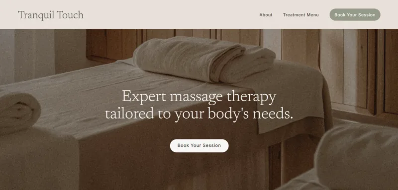 Calming Showit website template with a warm, spa-like aesthetic, perfect for wellness practitioners and massage therapists.