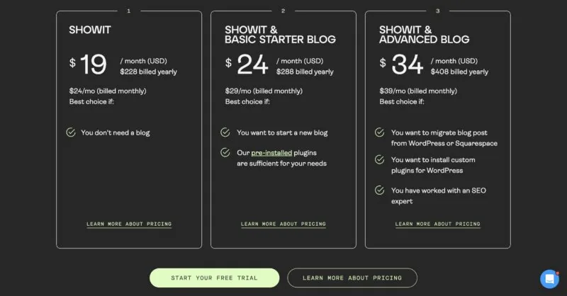 Showit pricing plans displayed with three options: $19/month for website only, $24/month for basic starter blog, and $34/month for advanced blog.