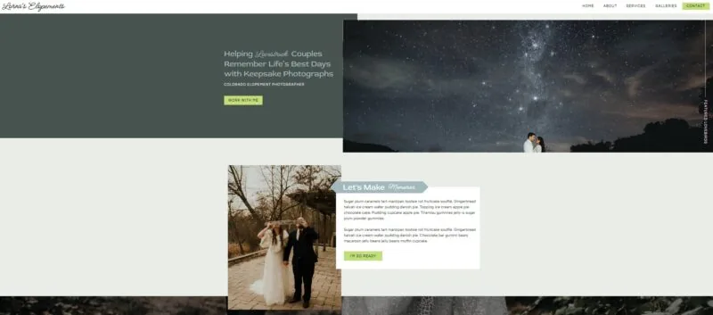 Earthy and organic Showit template featuring nature-inspired tones, perfect for adventurous wedding photographers capturing heartfelt love stories in scenic landscapes.