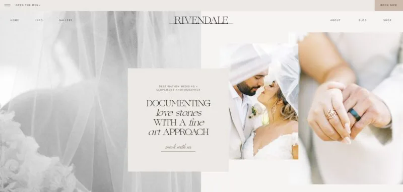 Graceful and timeless, the "Rivendale" Showit template showcases a fine art aesthetic for wedding photographers.