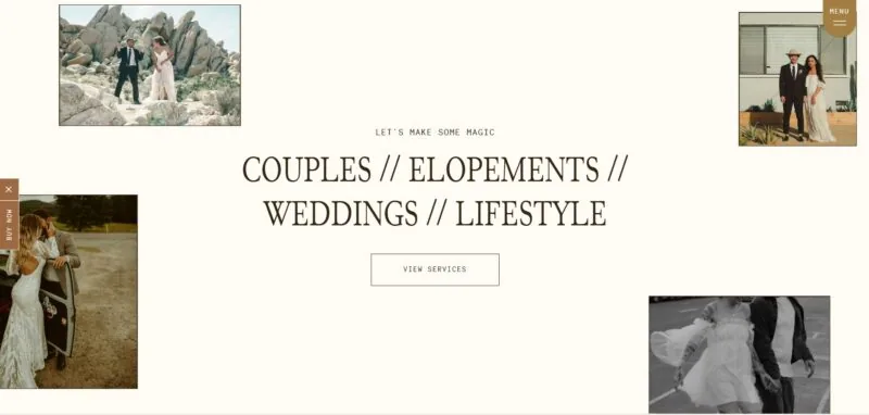 Minimalist and earthy Showit template designed for wedding and elopement photographers, featuring a warm-toned aesthetic that highlights candid, storytelling imagery.