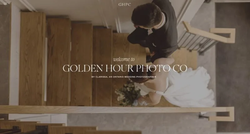 Warm Showit website template for Golden Hour Photo Co., featuring a romantic, intimate wedding moment on a staircase.