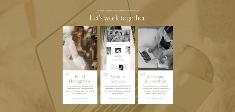 Sophisticated Showit website template by Courtney of Coyote Brands, designed with warm neutrals and a balanced grid layout for service offerings.