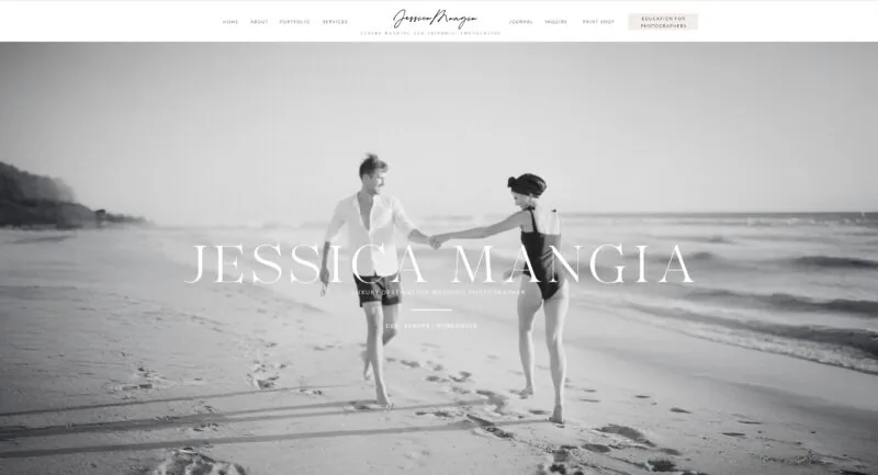 Elegant Showit website template for wedding photographer Jessica Mangia, featuring a romantic black-and-white beach scene.