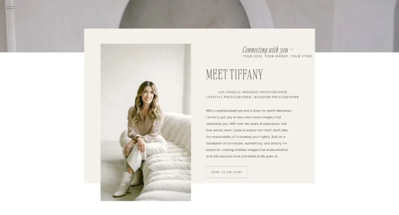 Elegant Showit website template for wedding photographer Tiffany, featuring a warm and inviting design with a neutral color palette.