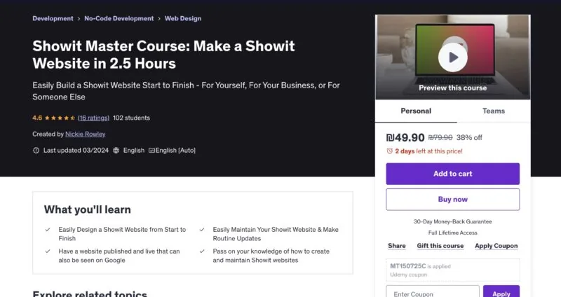 Udemy course listing for Showit Master Course with pricing and preview details.
