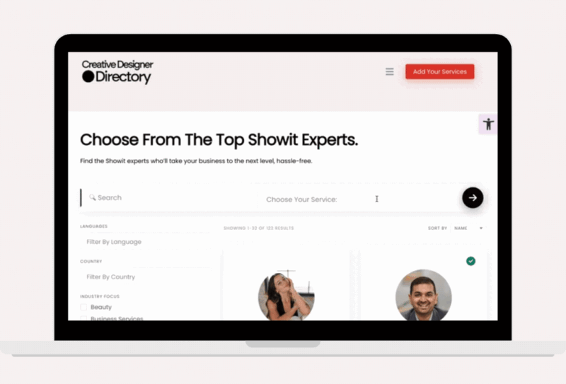 Laptop screen with directory showcasing Showit Designers and experts