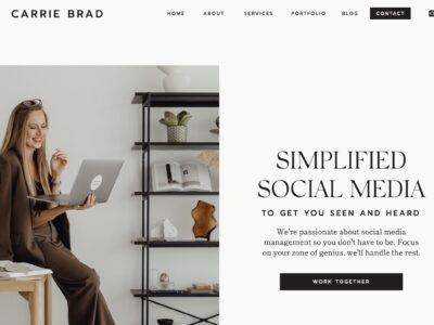 Minimalist Showit template with a clean, modern design, featuring bold typography, a neutral color palette, and a professional layout—perfect for copywriters, social media managers, and creative entrepreneurs.