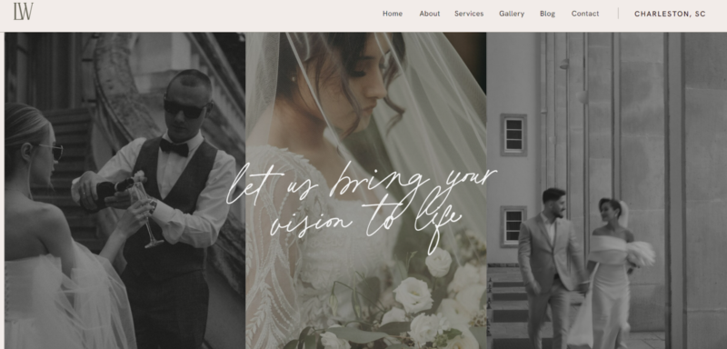 Elegant Showit template featuring timeless black-and-white wedding photography with modern serif text.