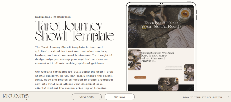 Deep and spiritual design of the Tarot Journey Showit template, featuring imagery and layout suitable for conveying mystical services.