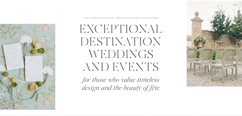 High-end Showit template for destination weddings with elegant calligraphy and pastel details.