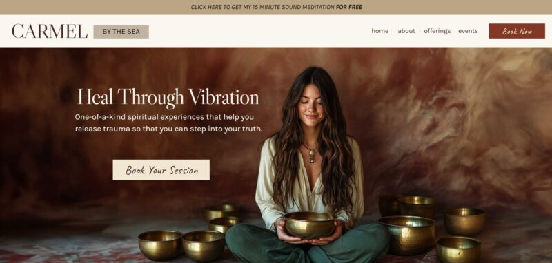Earthy and spiritual Showit template featuring warm tones, elegant typography, and a serene design tailored for sound healing, meditation, and wellness practitioners.