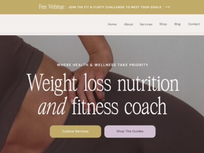 Sophisticated Showit template with a warm, inviting design, featuring elegant typography, earthy tones, and a professional layout for fitness and wellness coaches.