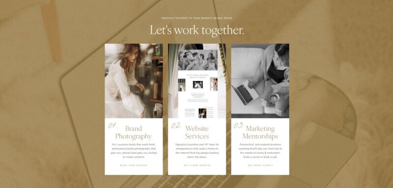 Sophisticated Showit website template by Courtney of Coyote Brands, designed with warm neutrals and a balanced grid layout for service offerings.