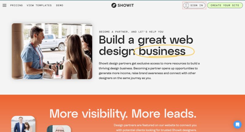 Screenshot from the Showit website showing a banner "Build a great web design business" and highlights benefits like increased visibility, more leads, and exclusive access to resources.