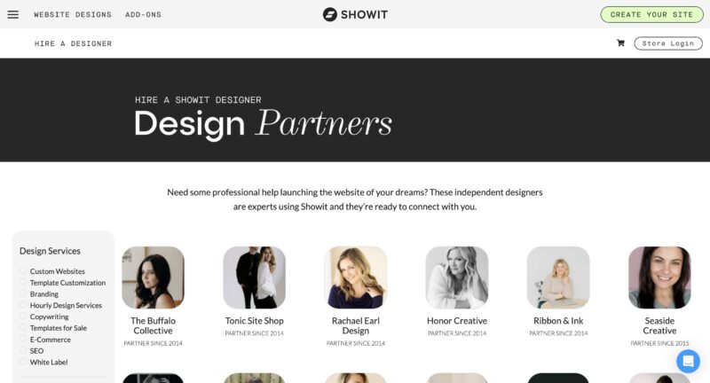 Screenshot of the Showit Design Partners directory page featuring a grid of independent designers with profile photos, names, and partner start dates. 